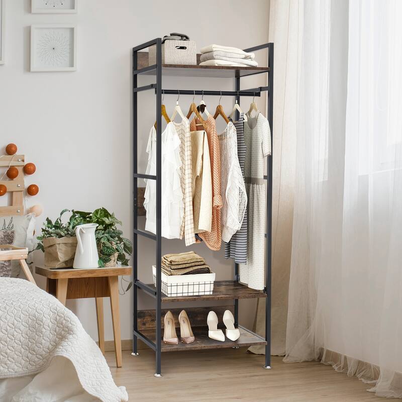 Clothes Rail Clothing Stand Shelves Freestanding Garment Storage Rack - 23.6" L x 15.7" D x 63.8" H - Black + dark brown