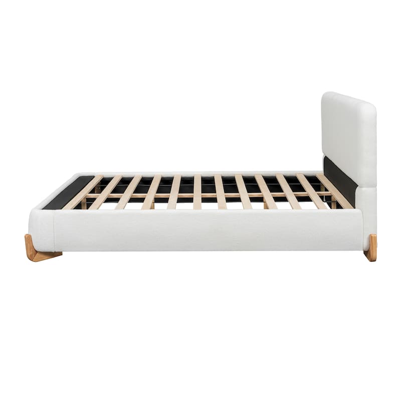 Luxury Boucle Bed Frame, Upholstered Platform Bed with Solid Wood Feet