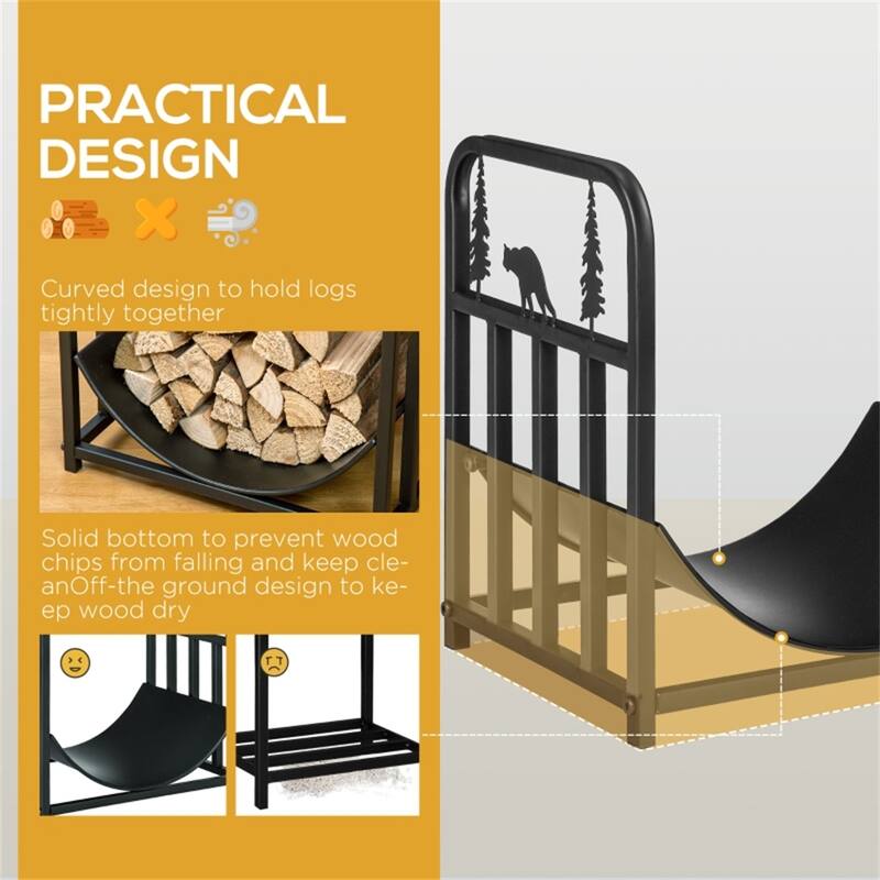 Bear and Tree Firewood Rack Powder Coated Steel Indoor Outdoor Wood Holder Black - 16.5" L x 13.25" W x 17" H