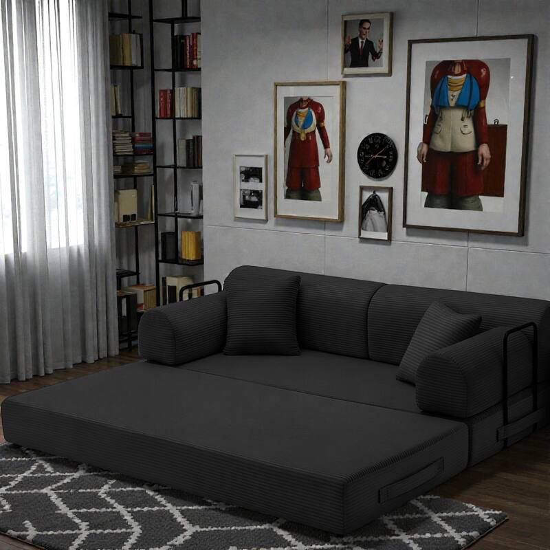 Convertible Sleeper Sofa Bed, 4-in-1 Corduroy Folding Floor Couch with Cylindrical Pillow, 2-Seat Space-Saving Lounge Sofa