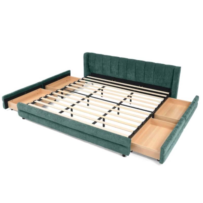 King Upholstered Bed Frame with Storage Drawer, Thick Padded Headboard & Solid Frame in Chenille Fabric