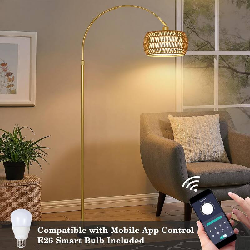 Gold Floor Lamps for Living Room,Arc Floor Lamp with Remote & Dimmable Bulb, Boho Rattan Standing lamp with 3 Color Temperatures