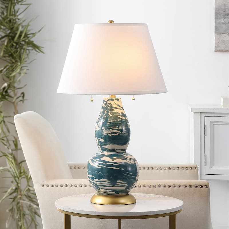 SAFAVIEH Lighting Sebrina 29-inch Navy And White Color Swirls Glass Table Lamp (Set of 2) - 17"x17"x28" - 17Wx17Dx28H