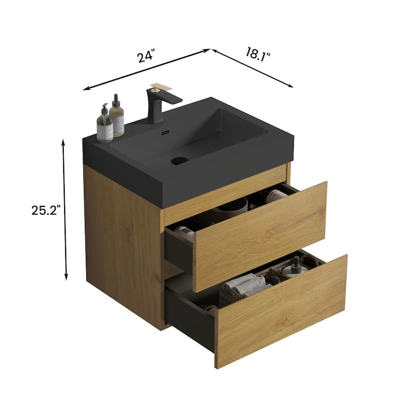 24"Bathroom Vanity with Sink,Storage Wall Mounted Floating Bathroom Vanity,One-Piece Black Sink Basin WITHOUT Drain and Faucet