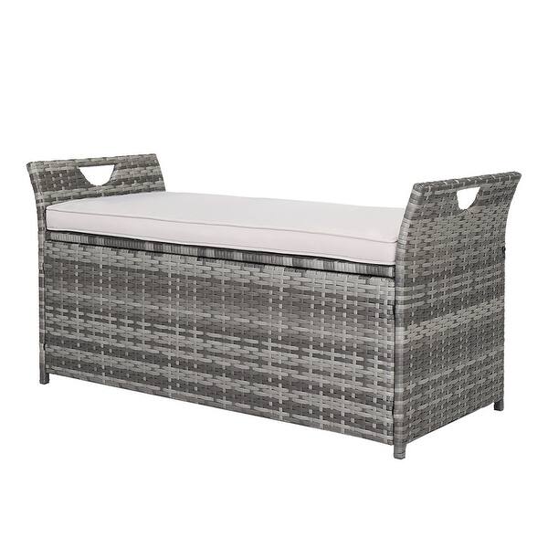 Rattan Storage Bench Outdoor Rattan Deck Storage Box with Cushion Bed