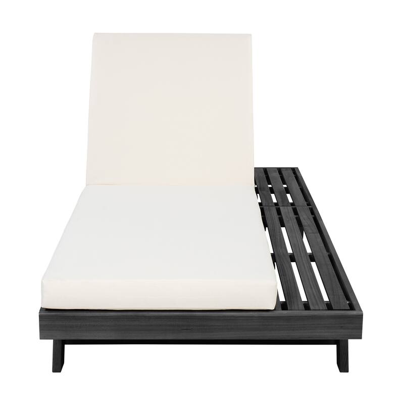 Outdoor Patio Acacia Wood Chaise Lounge Chair with Adjustable Backrest, Side Open Storage and Water-Repellent Cushions