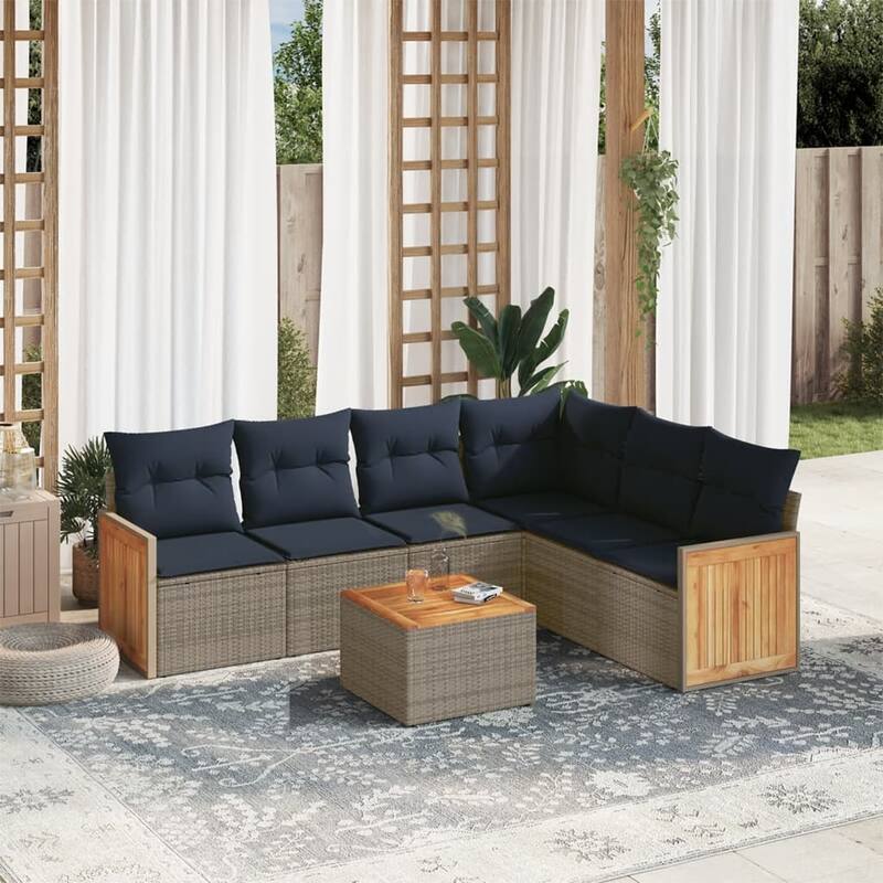 vidaXL 7 Piece Patio Sofa Set with Cushions Gray Poly Rattan - 91.0x27.2x69.3