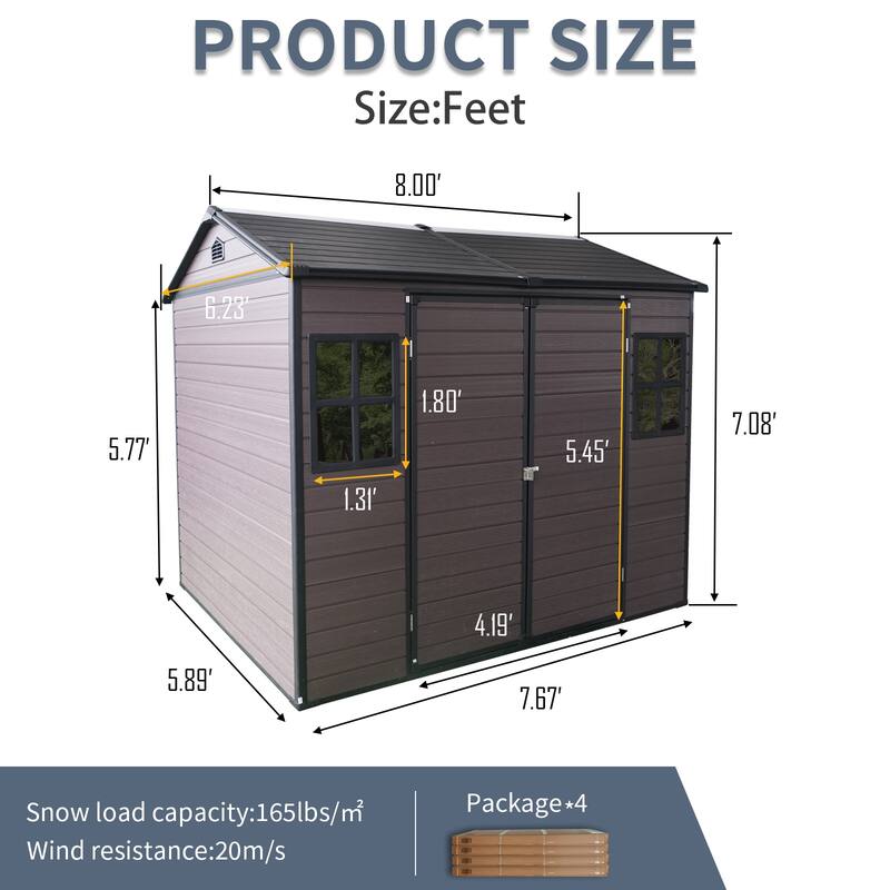 Resin Outdoor Storage Shed UV-Proof Garden Tool Shed with Sloping Roof & Lockable Double Doors, Built-in Floor