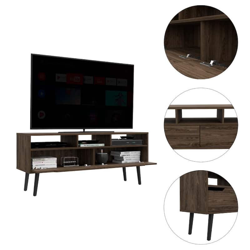 Modern Dark Walnut TV Console with Three Shelves & Two Drawers - Fits TVs Up to 52"