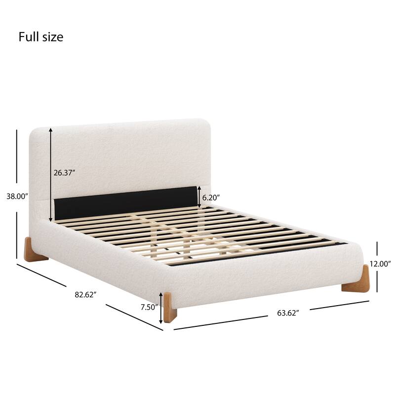 Luxurious Upholstered Bed with Headboard, Boucle Fabric Platform Bedframe with Solid Wood Foot, Wooden Slat Support