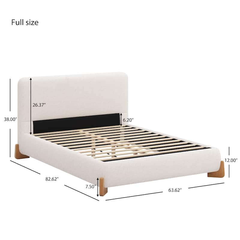 Wood Platform Bed Frame with Unique Bed Legs, 12 Wooden Slats and Arc Craft Headboard, Comfortable Sleep Boucle Upholstered Bed