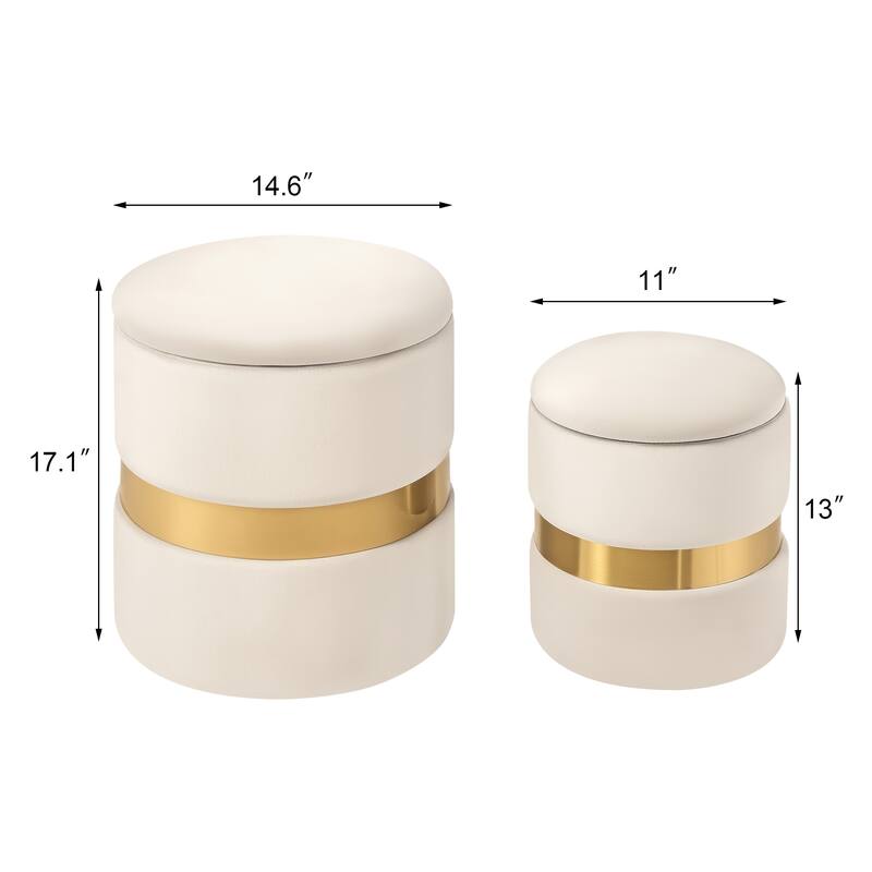 Adeco Set of 2 Velvet Storage Ottoman Round Foot Stool Metal Band