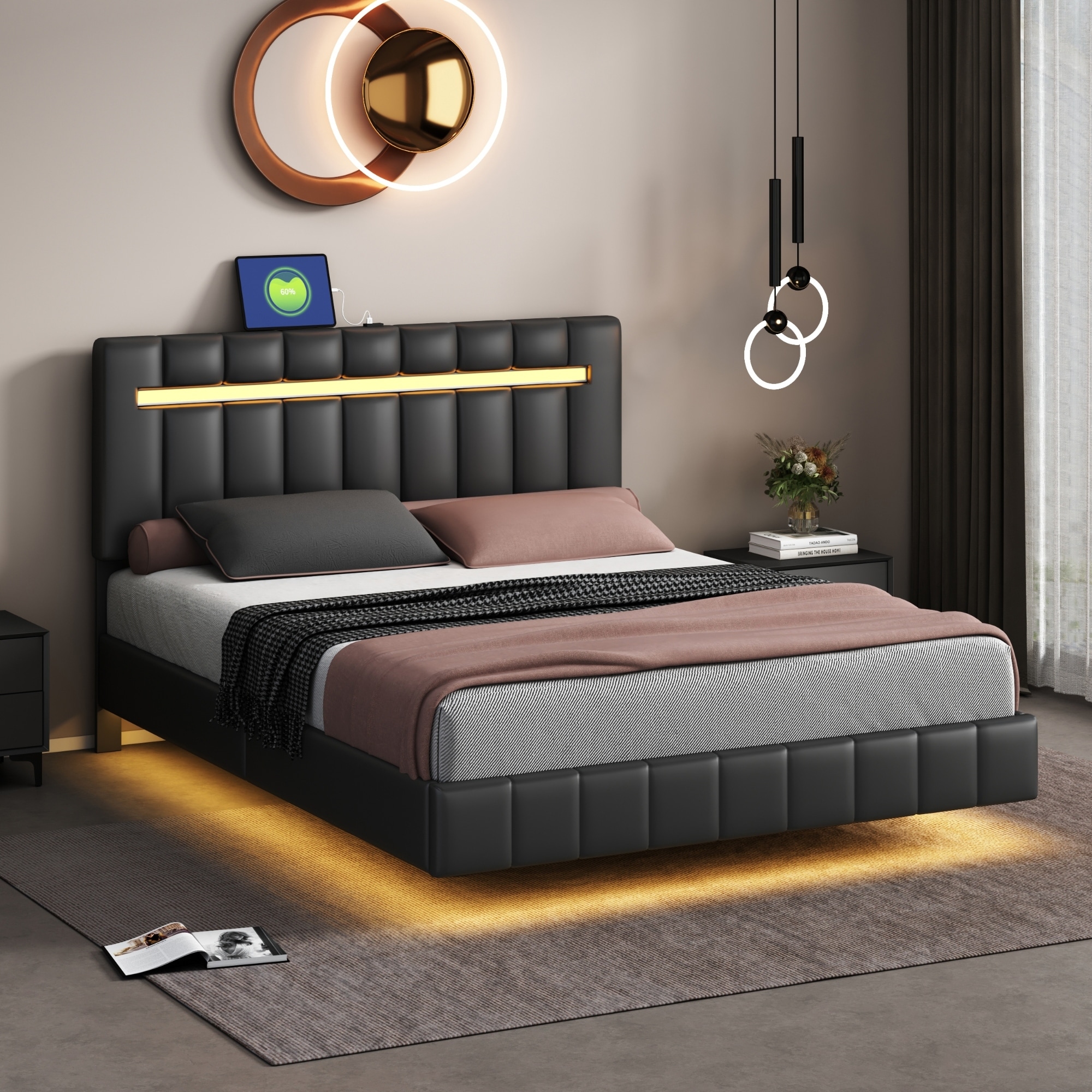 Black floating cheap bed frame queen