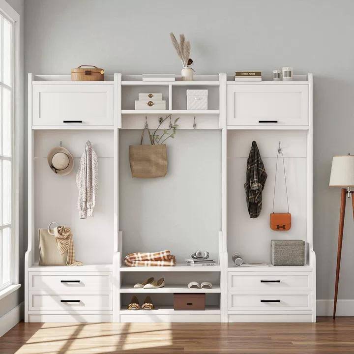 Detachable 4-in-1 Hall Tree with Bench, 7 Hooks, Drawers & Cabinets, Modular Entryway Coat Rack and Shoe Storage, 78" Wide - White