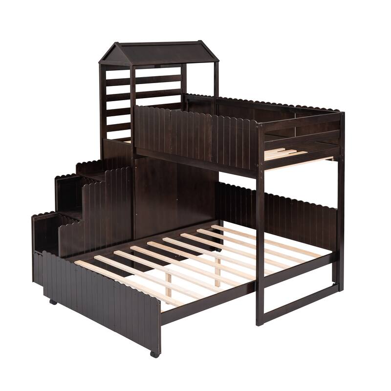 Twin Over Full Wood Bunk Bed, House Bed with 7 Drawers and 2 Shelves