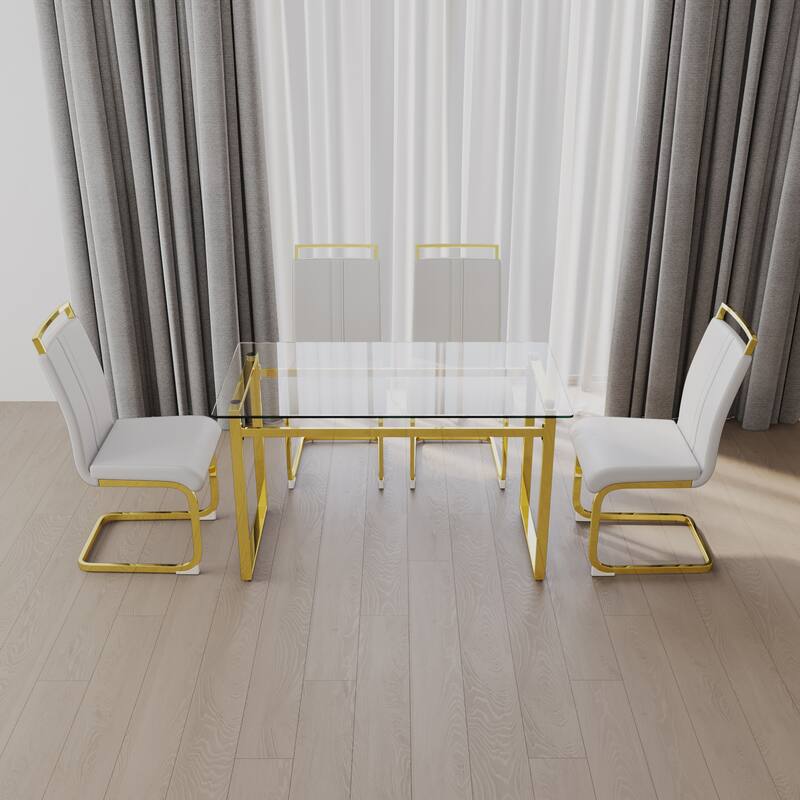 5-Piece Glass Dining Table Set with Gold Metal Legs and 4 PU Upholstered Chairs - White