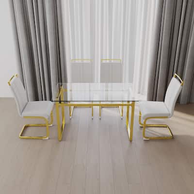 5-Piece Glass Dining Table Set with Gold Metal Legs and 4 PU Upholstered Chairs