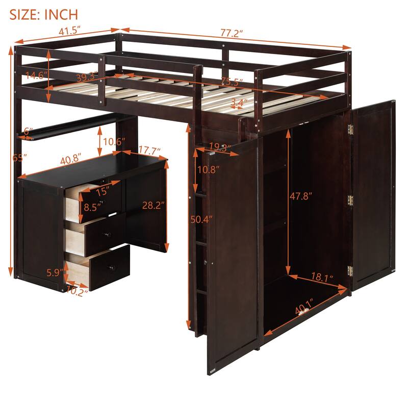 Wooden Twin/Full Loft Bed with Built-in Desk, Wardrobe Closet & Storage Drawers, Guardrail Design