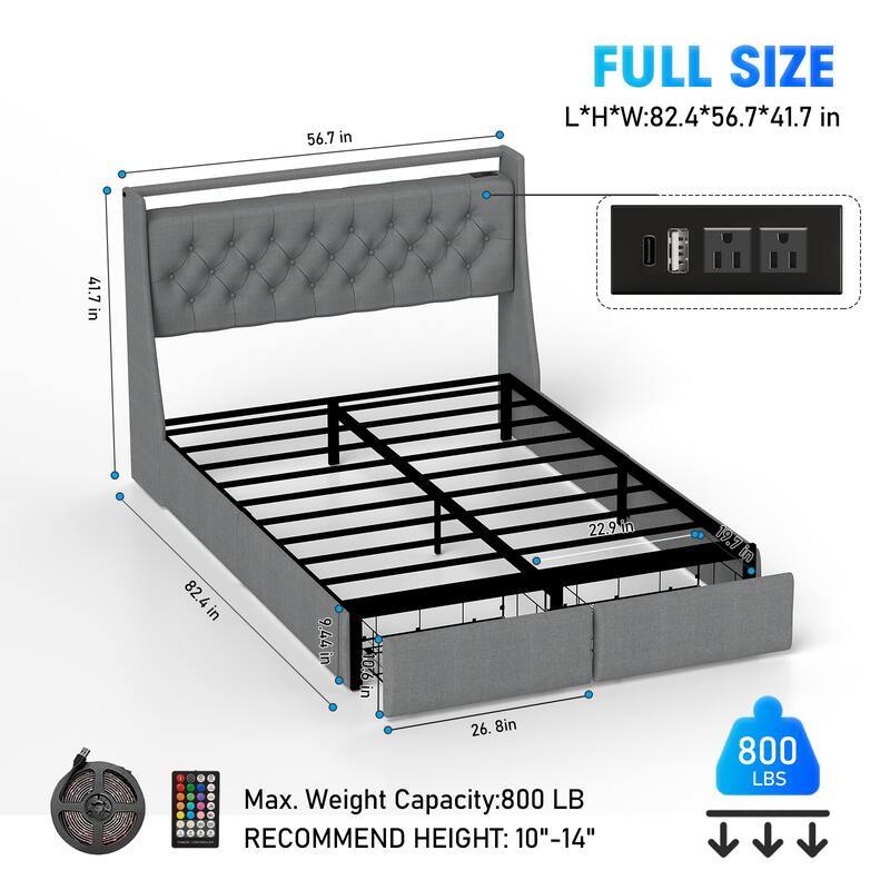 Full Size/Queen Size Bed Frame, Upholstered Platform Bed with RGB LED Light Storage Headboard & USB Charging Station