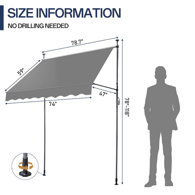 Retractable Patio Awning with 180g PU-Coated Polyester Fabric Aluminum and Steel Frame Adjustable 0 to 90 Degrees