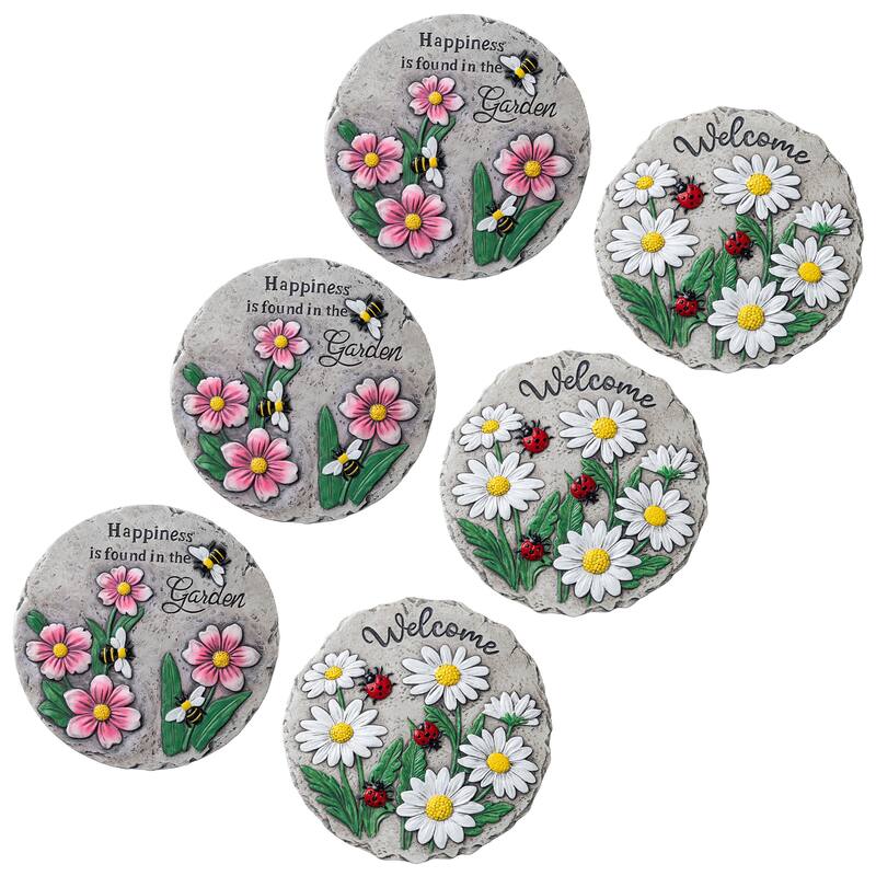 Glitzhome 6-Piece Cement Flower Textured Stepping Stones Garden Decor - 10 in