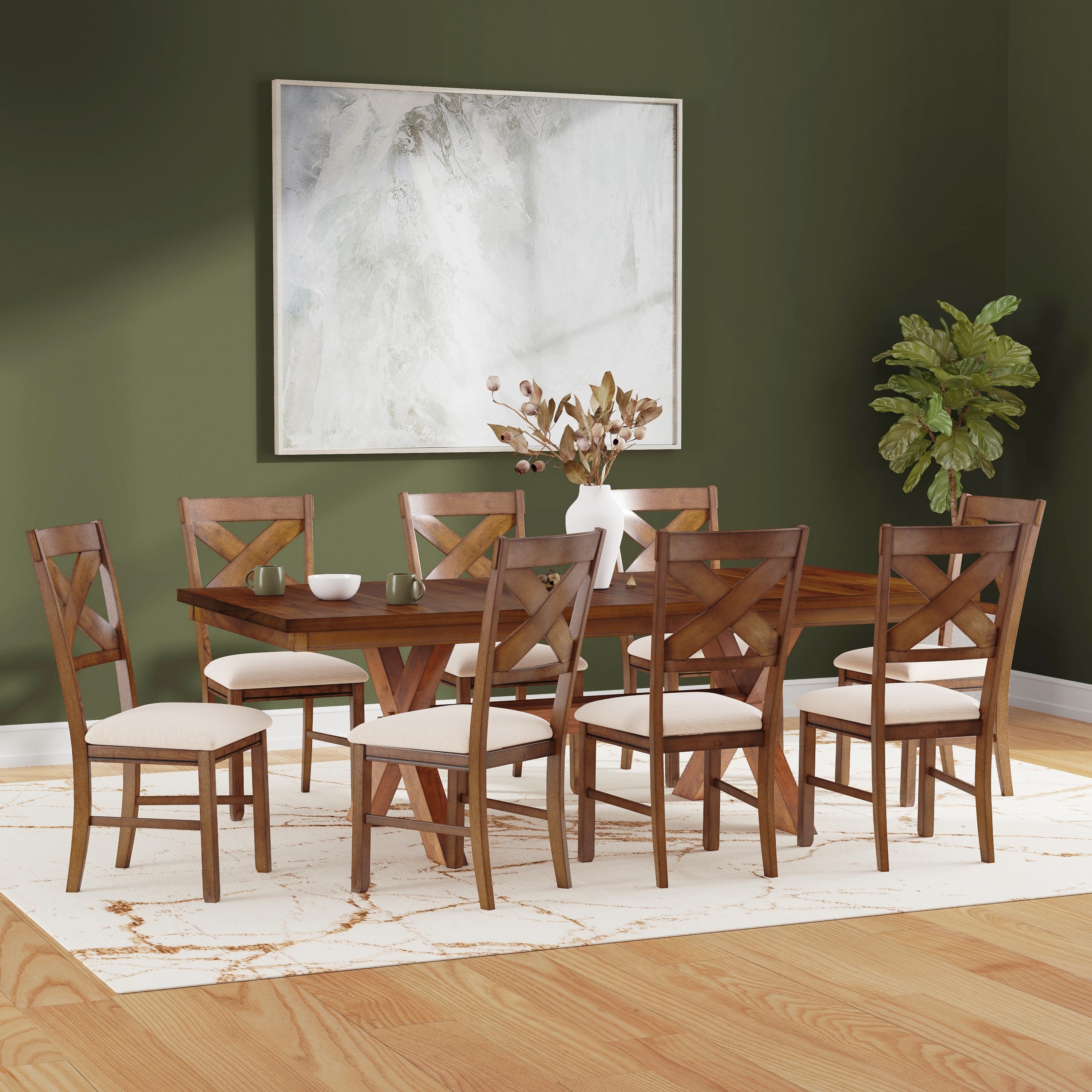 Linon Kraven Brown Rustic Wood Farmhouse 9 Piece Dining Set