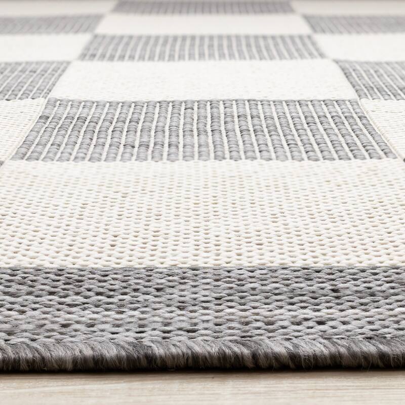Jackson Collection - Grey Cream Border Checkerboard Indoor Outdoor Area Rug