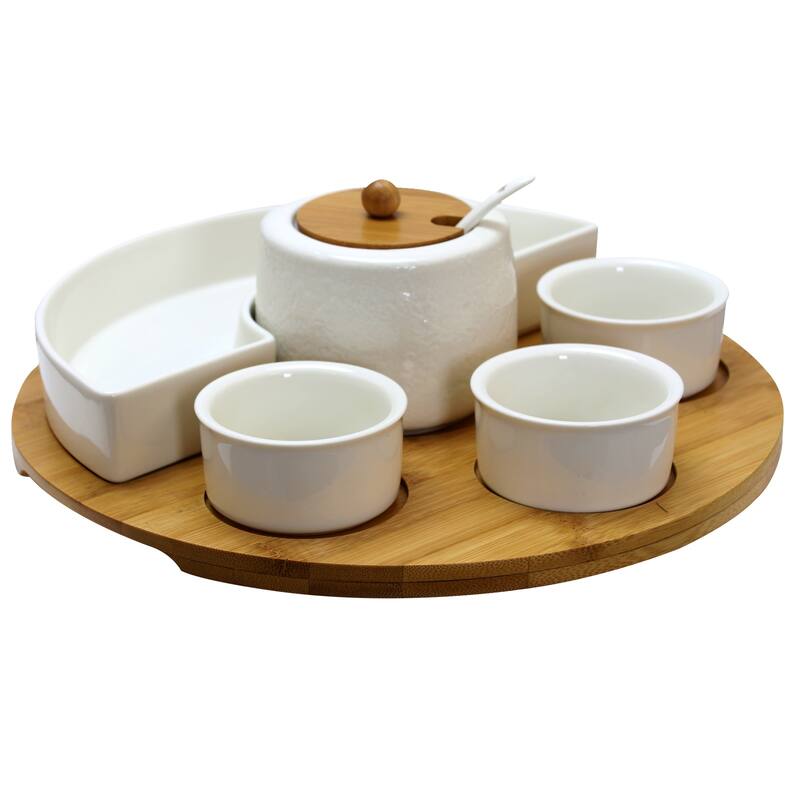 Stoneware and Bamboo Multi-Purpose Appetizer Serving Tray 8 Piece Set