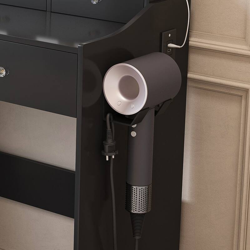 Anmytek LED Lighted 5 Drawers Vanity Desk Black Makeup Dressing Table with Power Outlet and Hair Dryer Holder