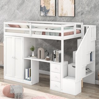 Multifunctional Twin Loft Bed with Desk, Wardrobe, and Storage Stairs - White