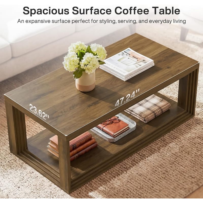 47.24" Rectangular Rustic Coffee Table With Open Storage Shelf