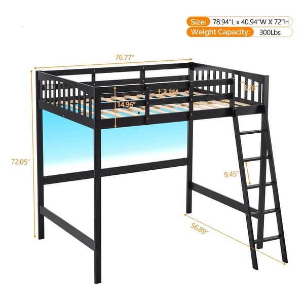 dimension image slide 2 of 3, Solid Wood Loft Bed with USB Charging Station/LED with Flat Rungs,No Box Spring Needed