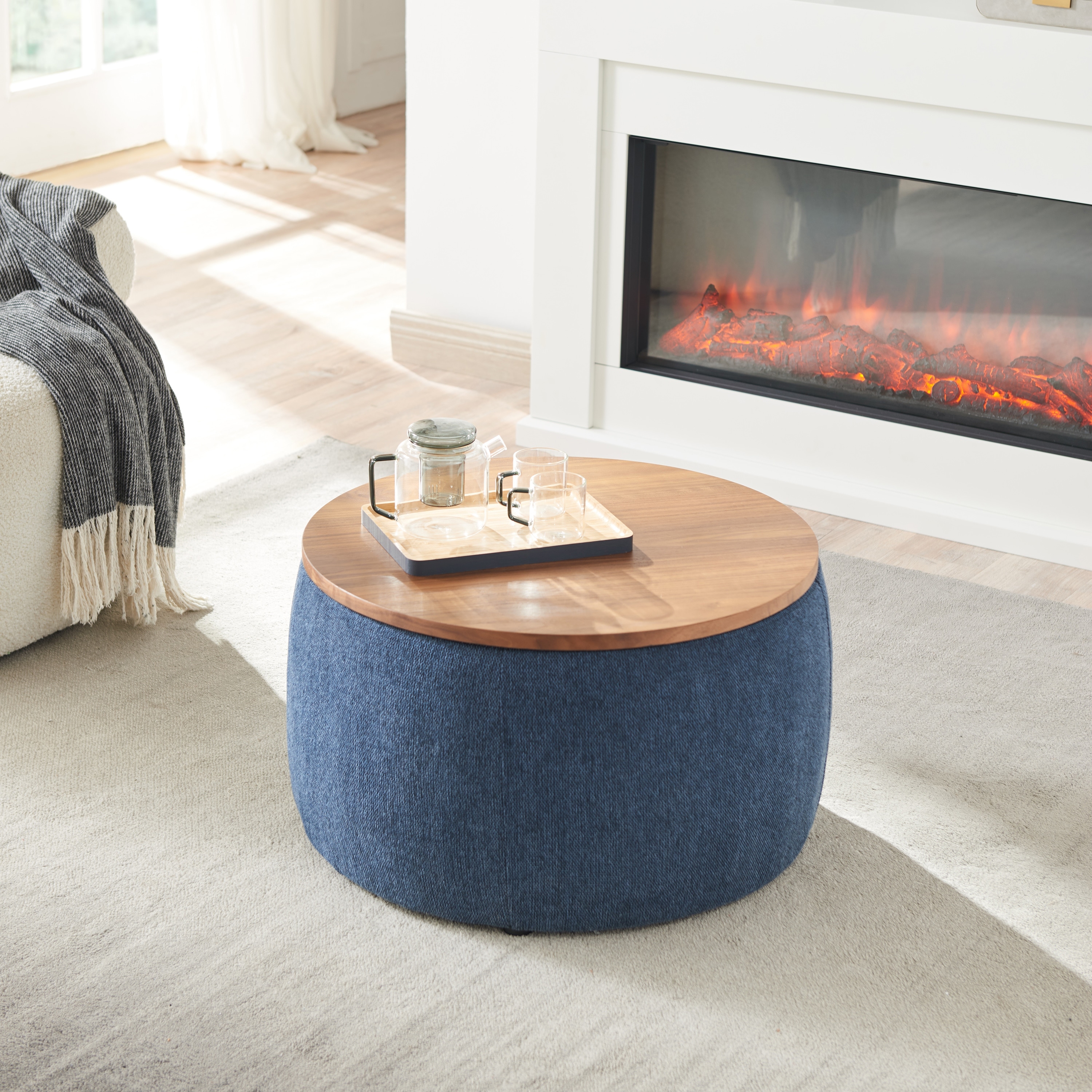 Round Storage Ottoman, Upholstered Coffee Table with Wooden Reversible Lid, 2 in 1 Function Foot Stool for Living Room, Office