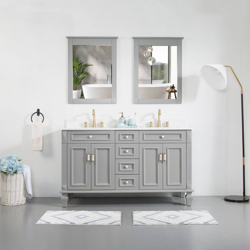 35'' H Solid Wood Bath Vanity with Stain-resistant Carrera White Quartz Top and Double Sink - Titainum Grey-60"W