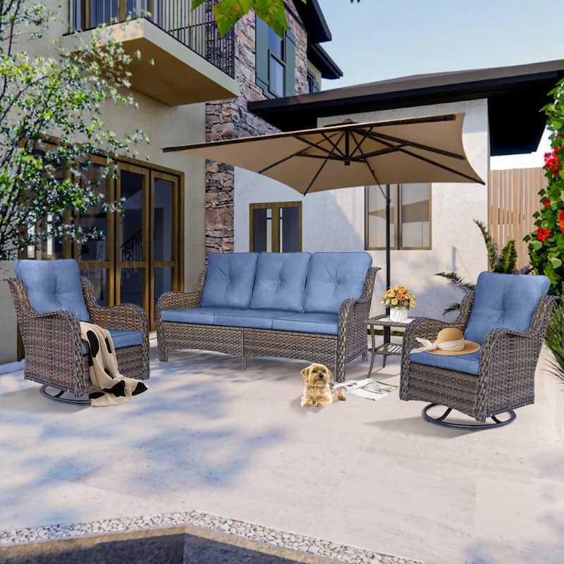 Outdoor Patio Furniture-Wicker Conversation Swivel Rocker Chairs Sets - 4 Piece - Denim Blue