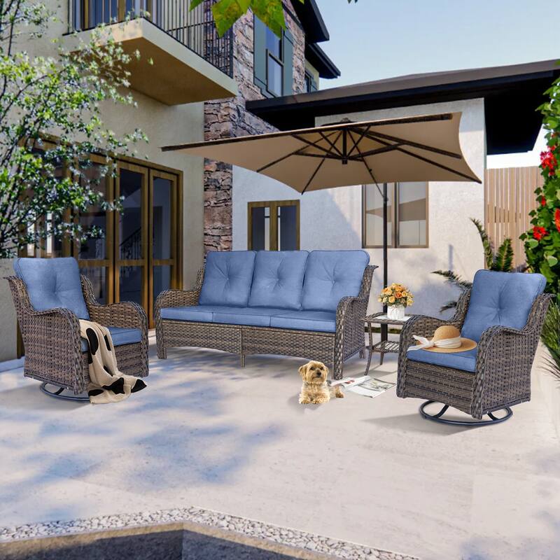 Wicker 4 Piece Outdoor Furniture Sets with Patio Swivel Rocker Chairs - Blue-Brown Wicker