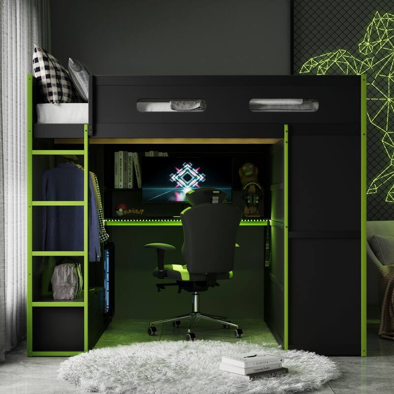 Gamer Full Size Loft Bed with Built-in Desk, RGB Light Strip, Storage Shelves, Hanging Rod and Side Wardrobe for Esports Gaming