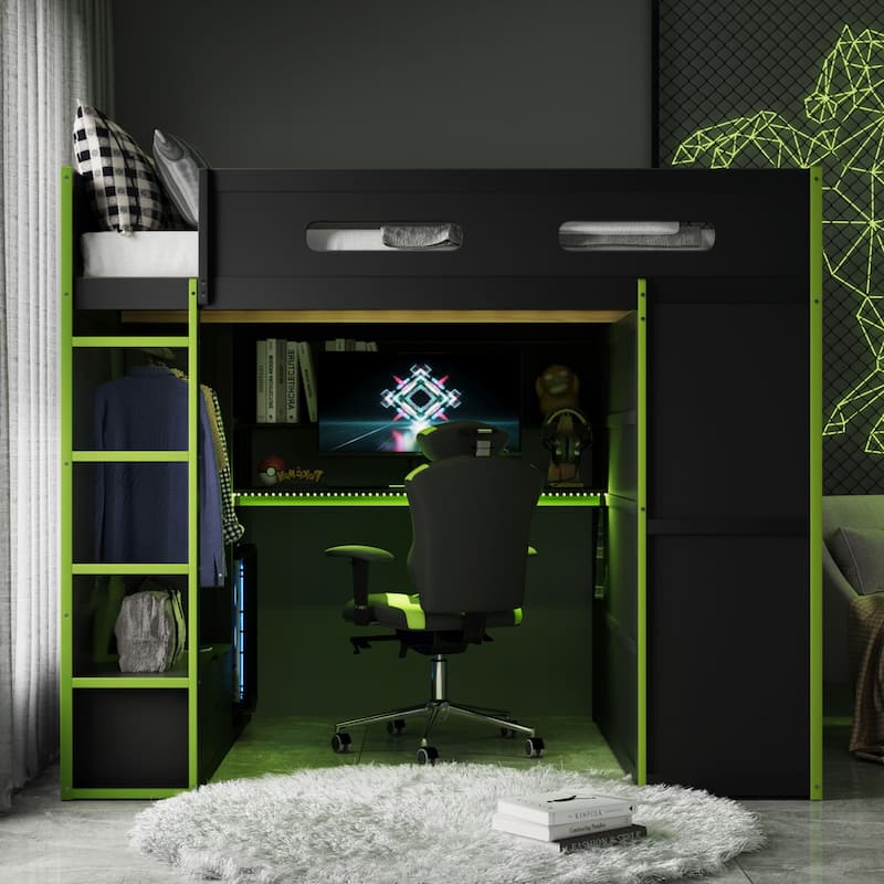 Ultimate Gamer’s Loft Bed with Desk, Storage, and RGB LED Lights by Harper&Bright Designs