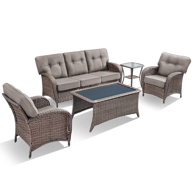 TWrap 5-Piece Patio Brown Wicker Sofa Conversation Set with 5-Inch Thick Cushions