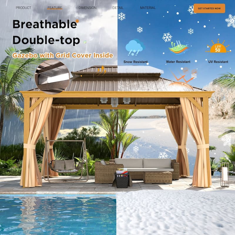 Outdoor Galvanized Steel Roof Gazebo Pergola w Wooden Coated Alumninum Frame, Privacy Curtains and Nettings Include