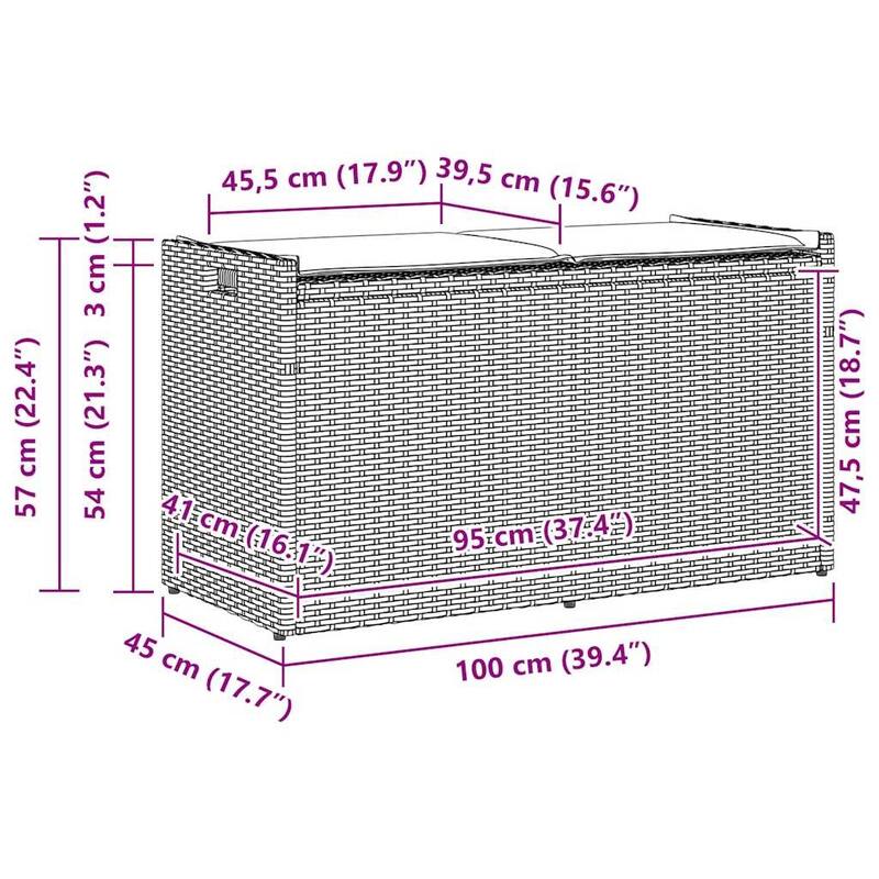 vidaXL Patio Storage Bench with Cushion Black/Brown 39.4" Poly Rattan - 37.4" x 15.6" x 1.2"