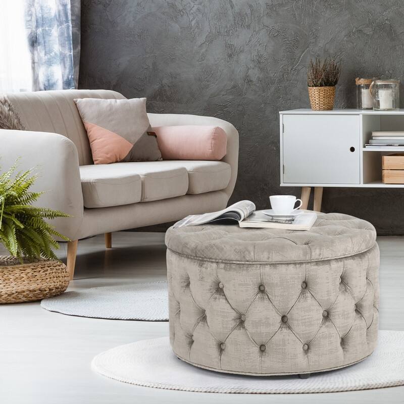 Adeco Round Velvet Storage Ottoman, Button Tufted Footrest Stool