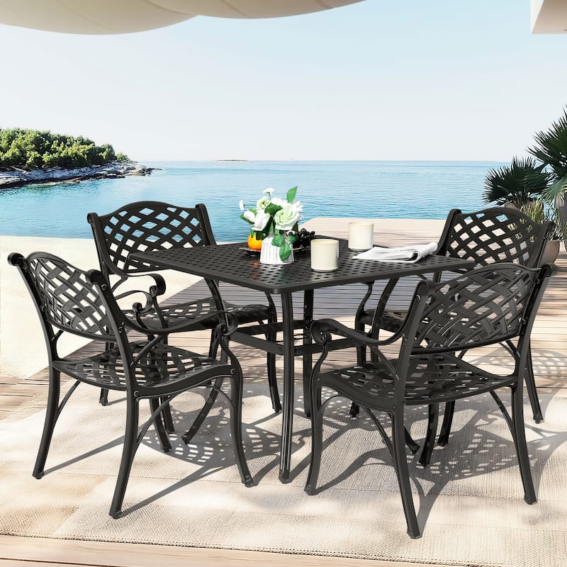 Square Cast Aluminum Outdoor Dining Table with Umbrella Hole and Mesh Tabletop, Black with Gold Speckles