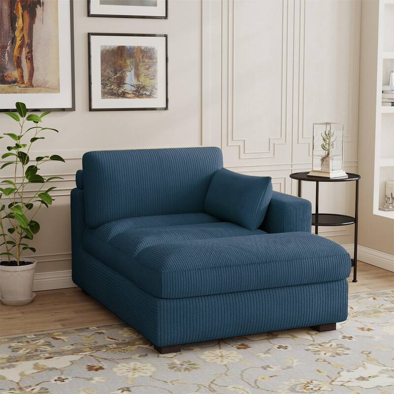 Modern Corduroy L-Shaped Sofa Chaise Lounge Couch - Navy/Right - Right Facing