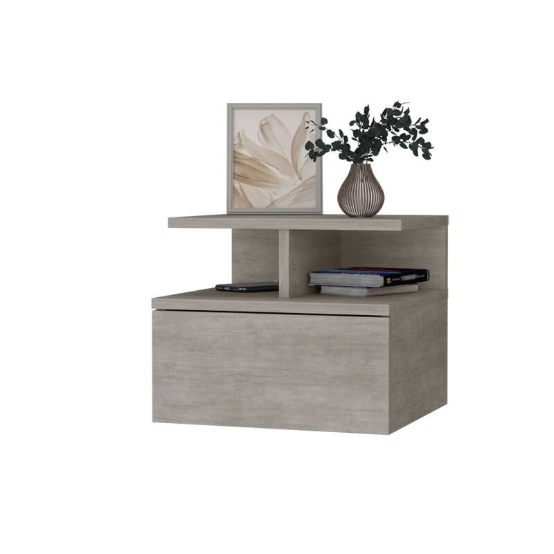 Concrete Gray Floating Nightstand with Drawer and 2-Tier Shelf - Wall-Mounted Side Table