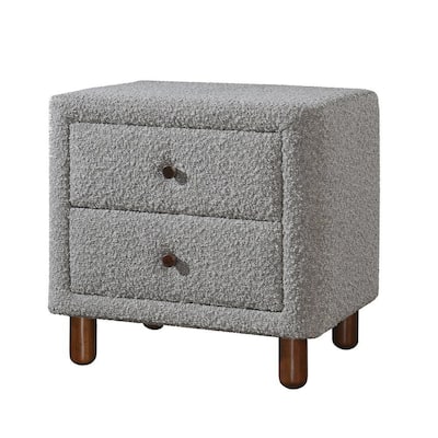 Lyno 20 Inch Nightstand, 2 Drawers, Brown Legs, Gray Boucle Upholstery