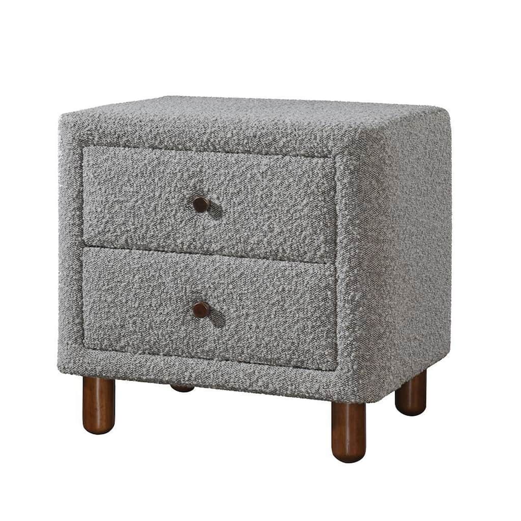 Lyno 20 Inch Nightstand, 2 Drawers, Brown Legs, Gray Boucle Upholstery