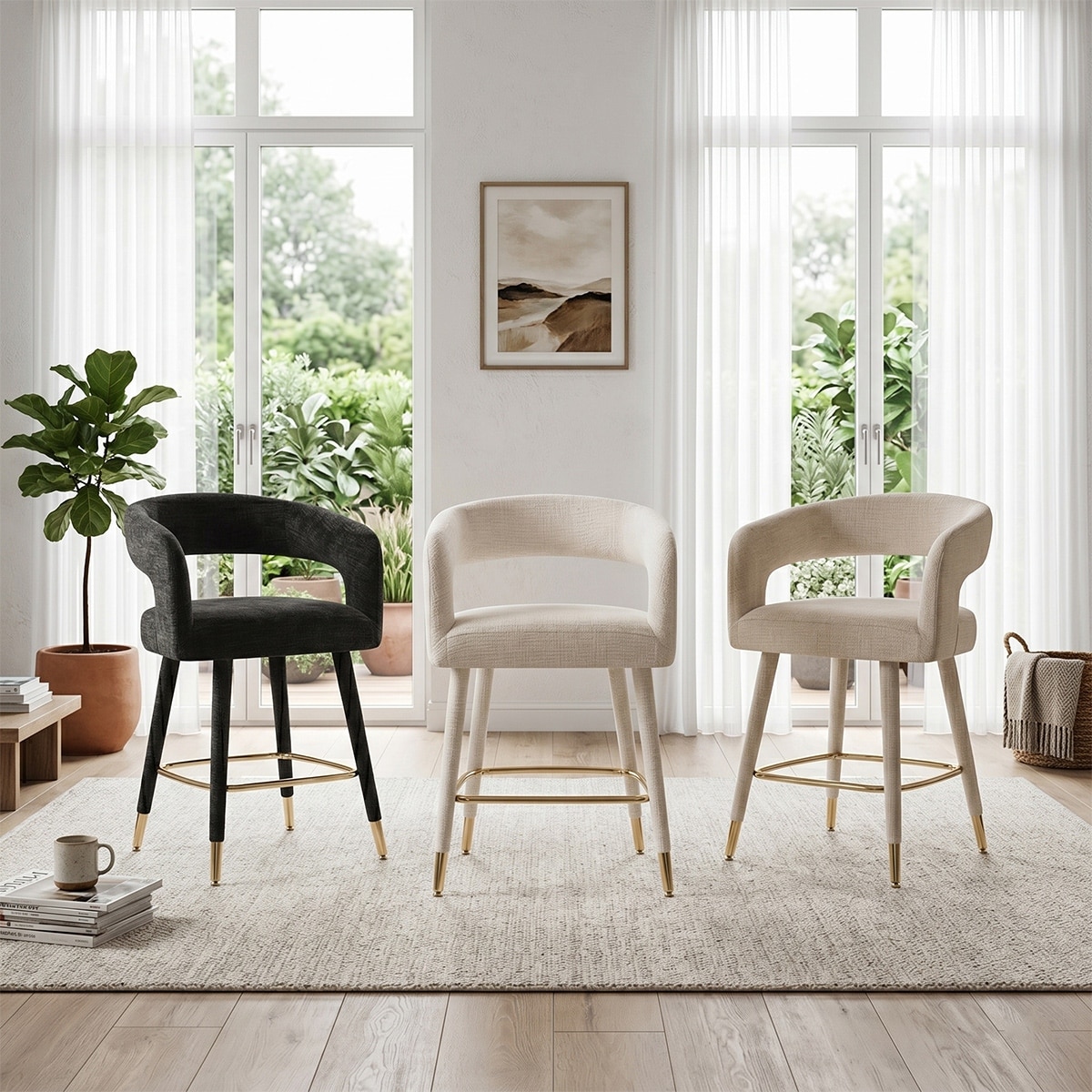 Chenille Counter Height Bar Stools with Gold Footrest(Set of 2)