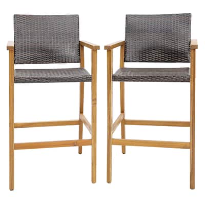 Gymax Patio Rattan Bar Stool Set of 2 Outdoor PE Wicker Bar Chairs w/
