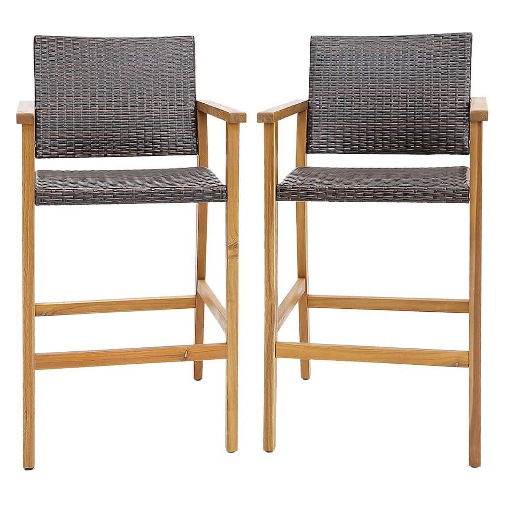 Gymax Patio Rattan Bar Stool Set of 2 Outdoor PE Wicker Bar Chairs w/